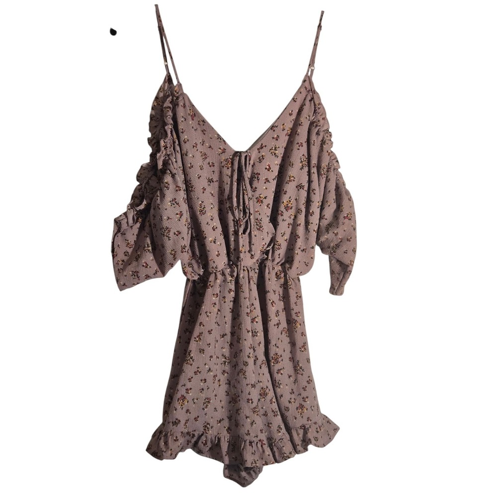 Blue Rain Mauve Floral Cold Shoulder Romper Ruffle Hem V-Neck Small